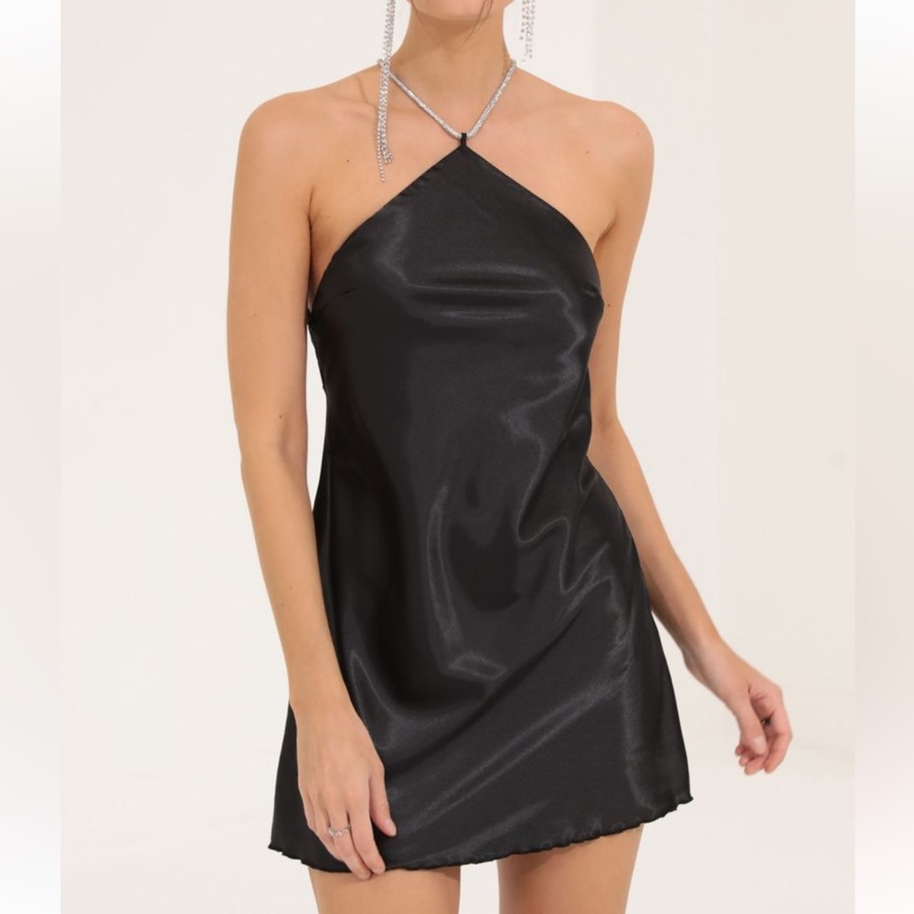 LUCY IN THE SKY Liliana Righnstone Halter Slip Dress in Black SMALL